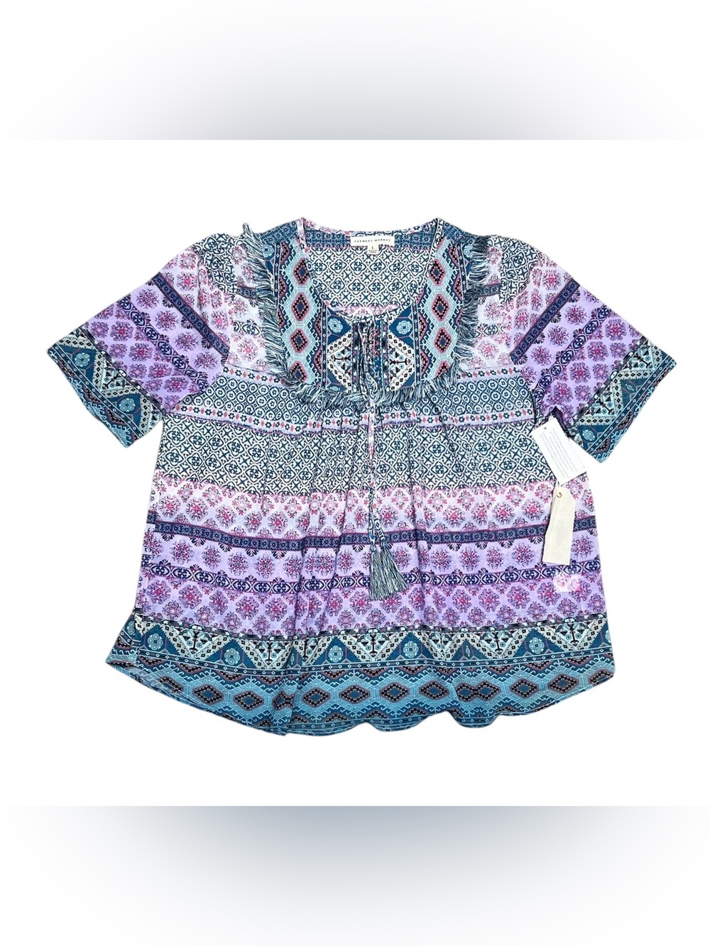 Farmers Market Boho Peasant Cottagecore Blouse Large NWT Mix Print Tassel Ruffle